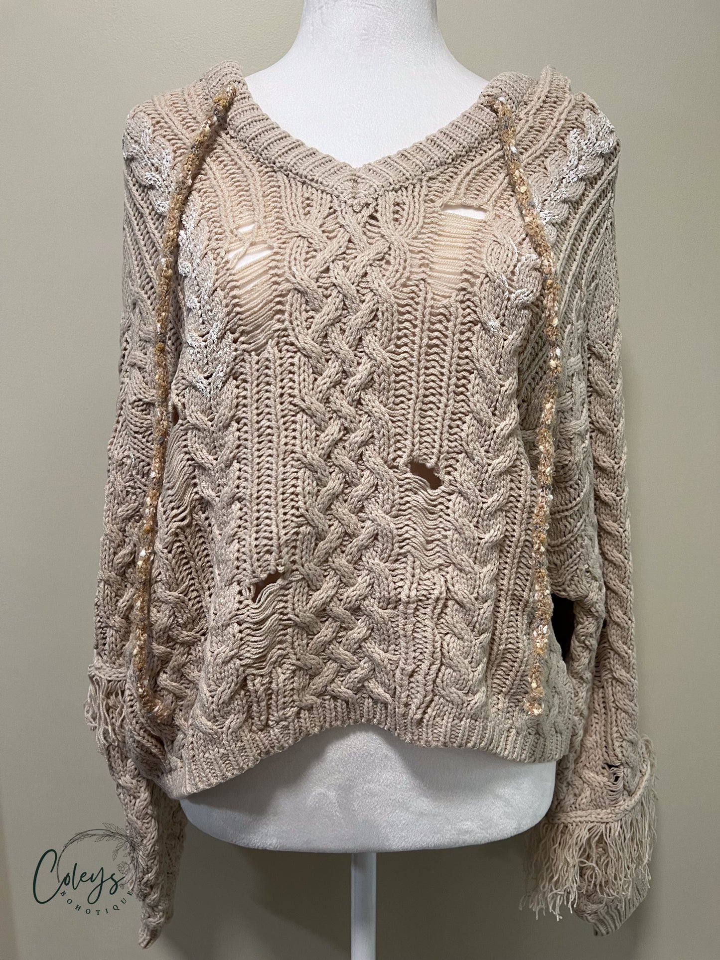 Rustic Charm Frayed V-Neck Hoodie