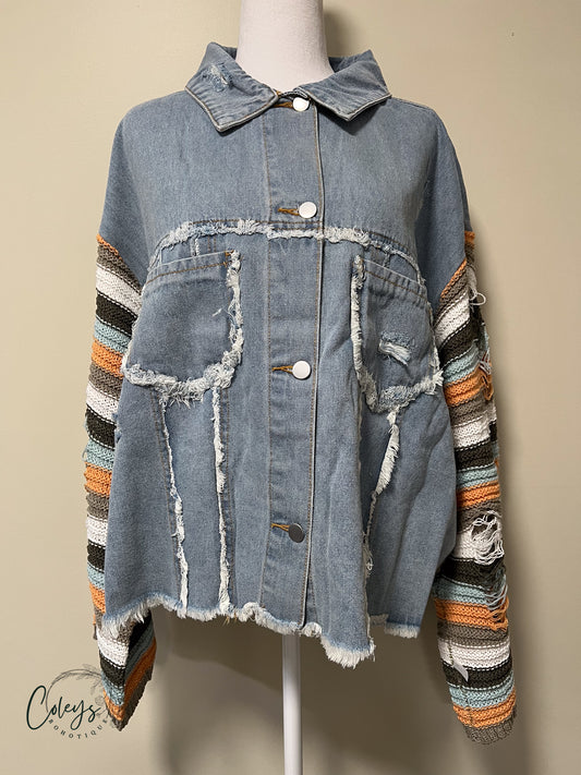 Boho Denim Knit Sleeve Jacket